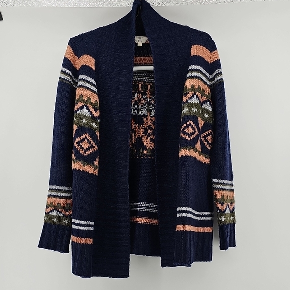 Pink Rose Sweaters - Pink Rose Navy Blue Fair Isle Open Front Cardigan,Boho Knit Longline Sweater (L)